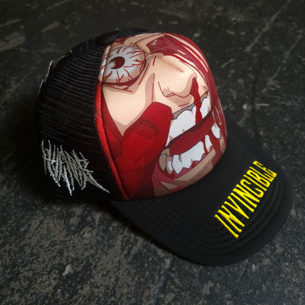 Invincible Face Smasher Graphic Trucker Hat in Black - Image 3