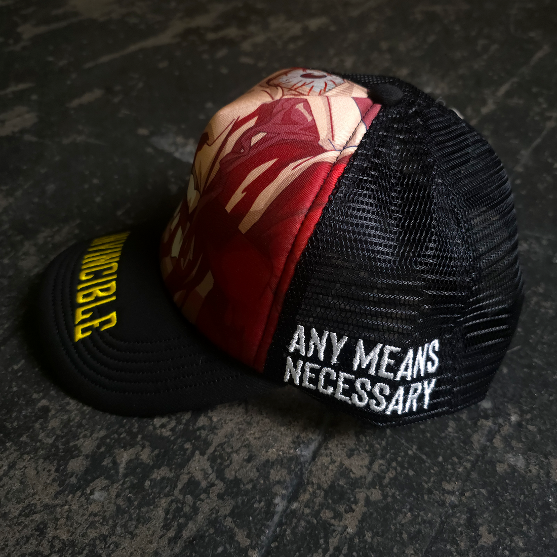 Invincible Face Smasher Graphic Trucker Hat in Black - Image 4