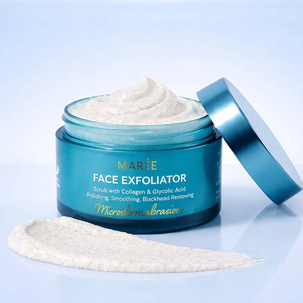 Jar of Maree Microdermabrasion Face Exfoliator scrub showing creamy texture and key ingredients like collagen and glycolic acid.