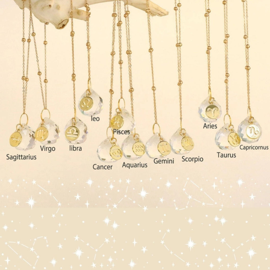 Zodiac Car Suncatcher Mirror Charm - Gold-Plated Crystal Pendant