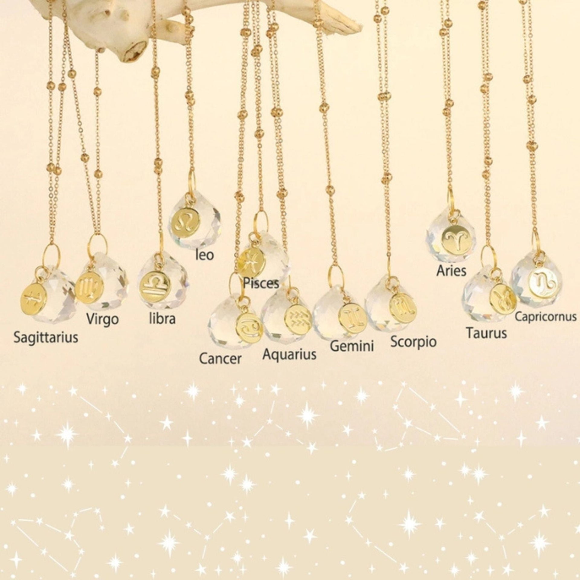 Zodiac Car Suncatcher Mirror Charm - Gold-Plated Crystal Pendant