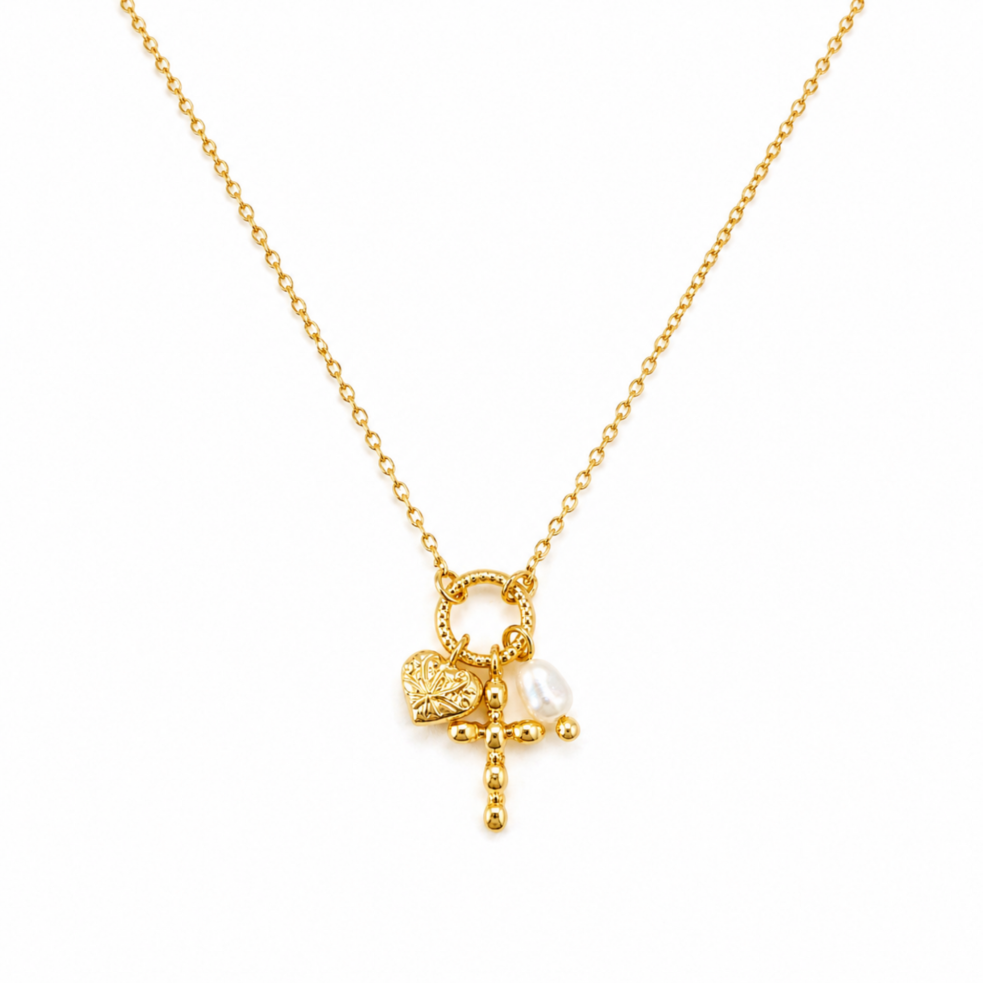 Faith & Love Charm Necklace – Gold-Tone Chain with Heart, Cross, and Pearl Charms