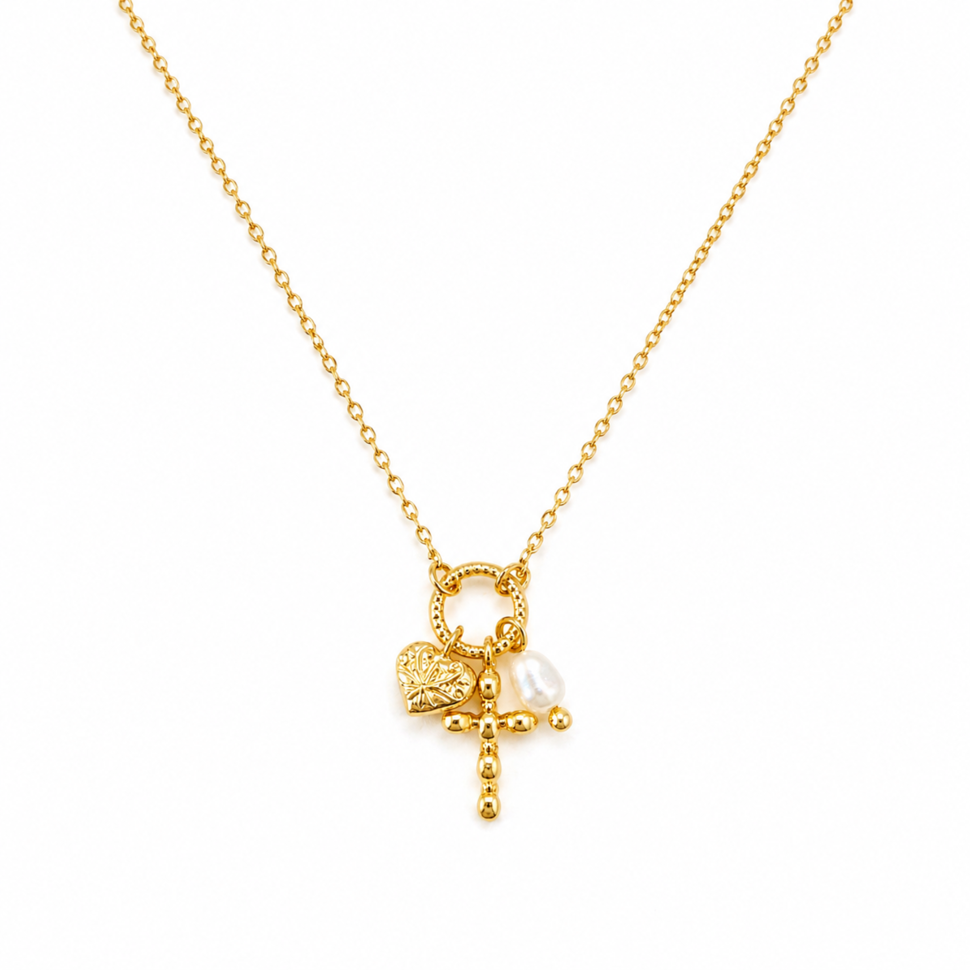 Faith & Love Charm Necklace – Gold-Tone Chain with Heart, Cross, and Pearl Charms