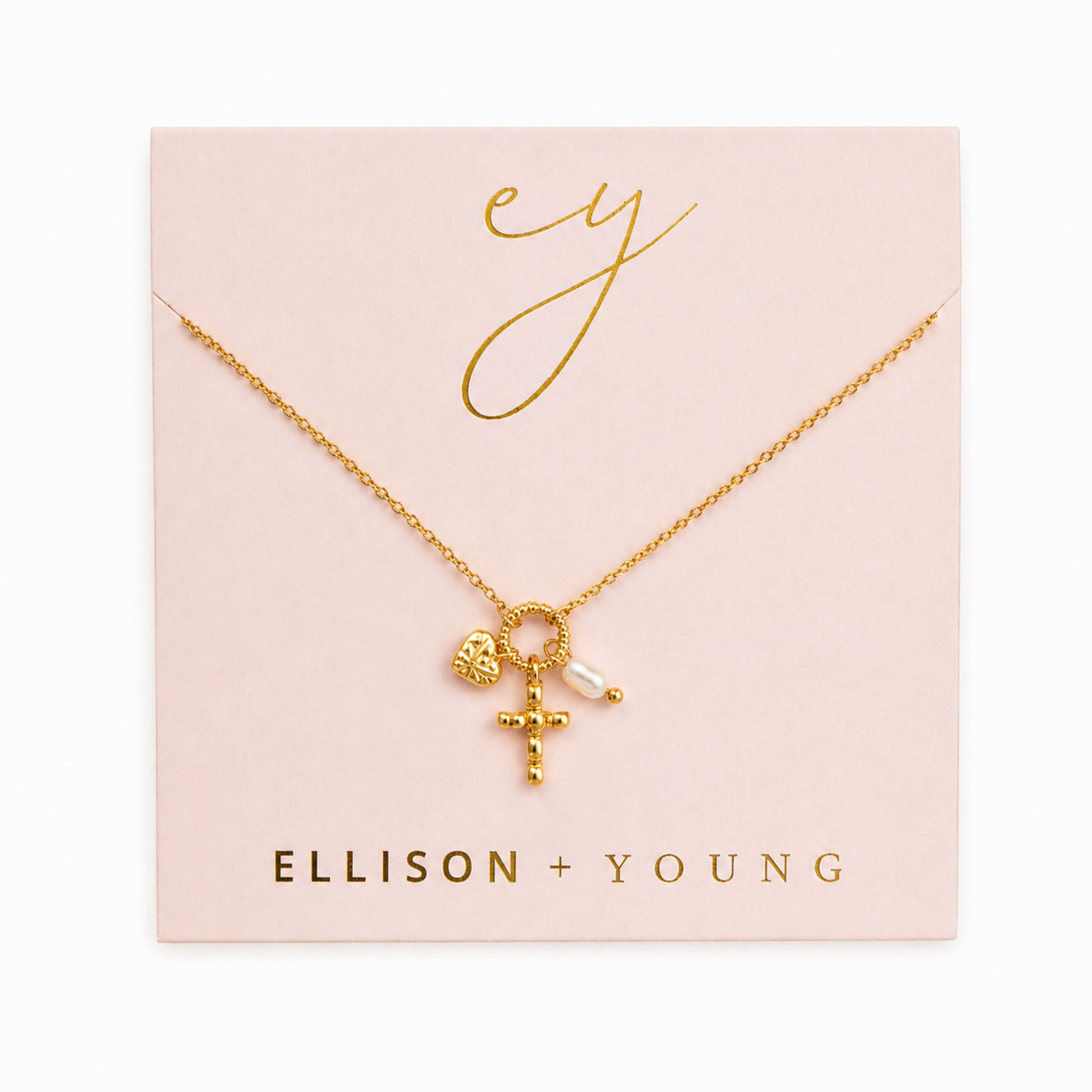 Faith & Love Charm Necklace – Gold-Tone Chain with Heart, Cross, and Pearl Charms
