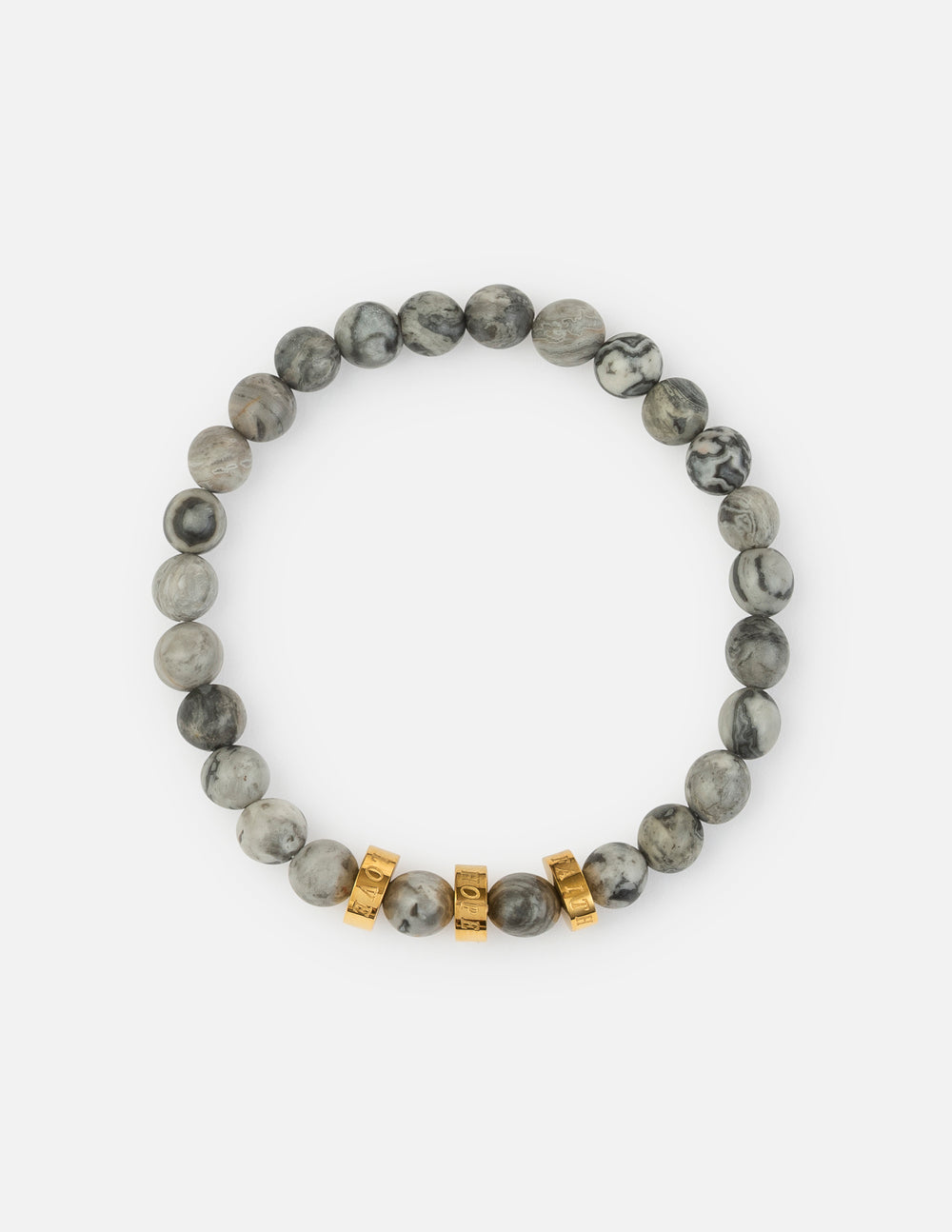 A Faith Hope Love bracelet featuring grey marbled beads and gold accents on a clean background.