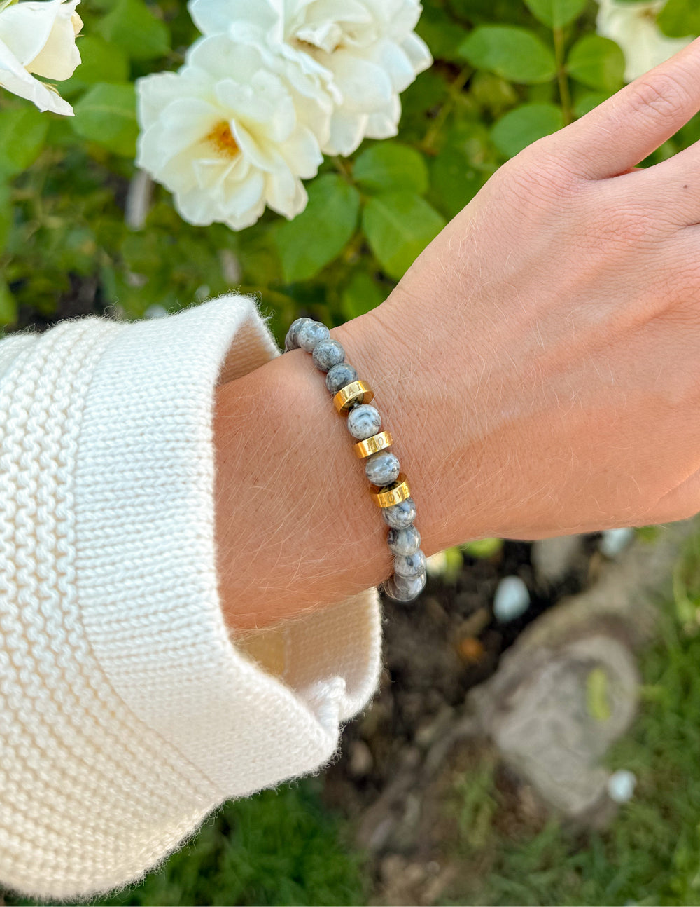 Faith Hope Love Stone Bracelet: Bohemian Neutral Grey & Gold Bead