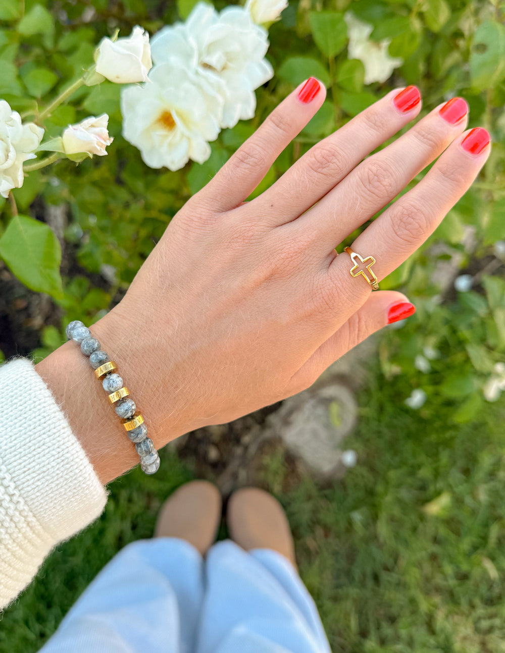 Faith Hope Love Stone Bracelet: Bohemian Neutral Grey & Gold Bead