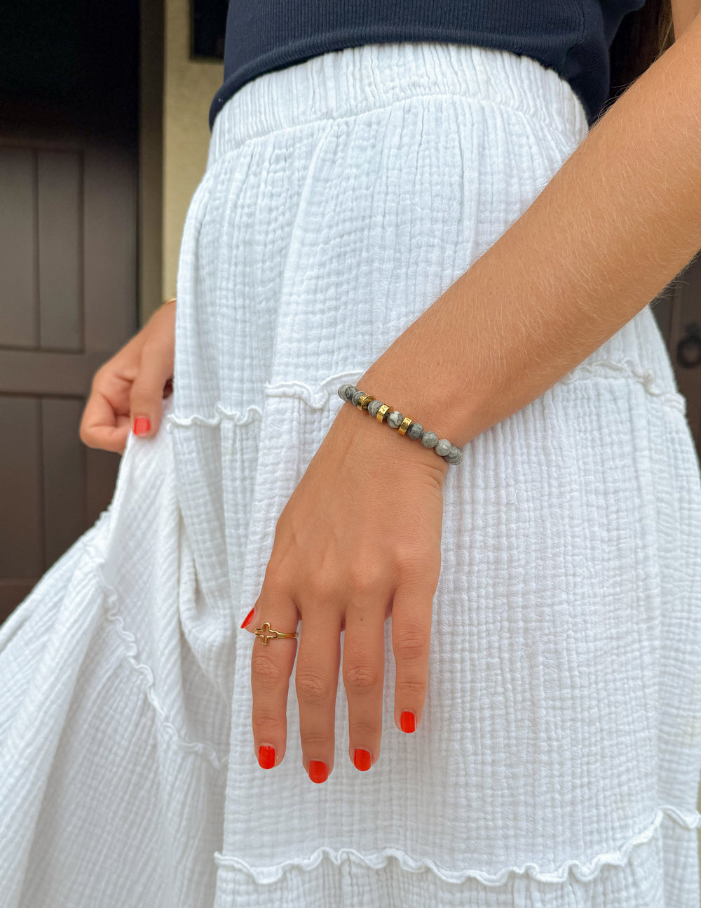 Faith Hope Love Stone Bracelet: Bohemian Neutral Grey & Gold Bead