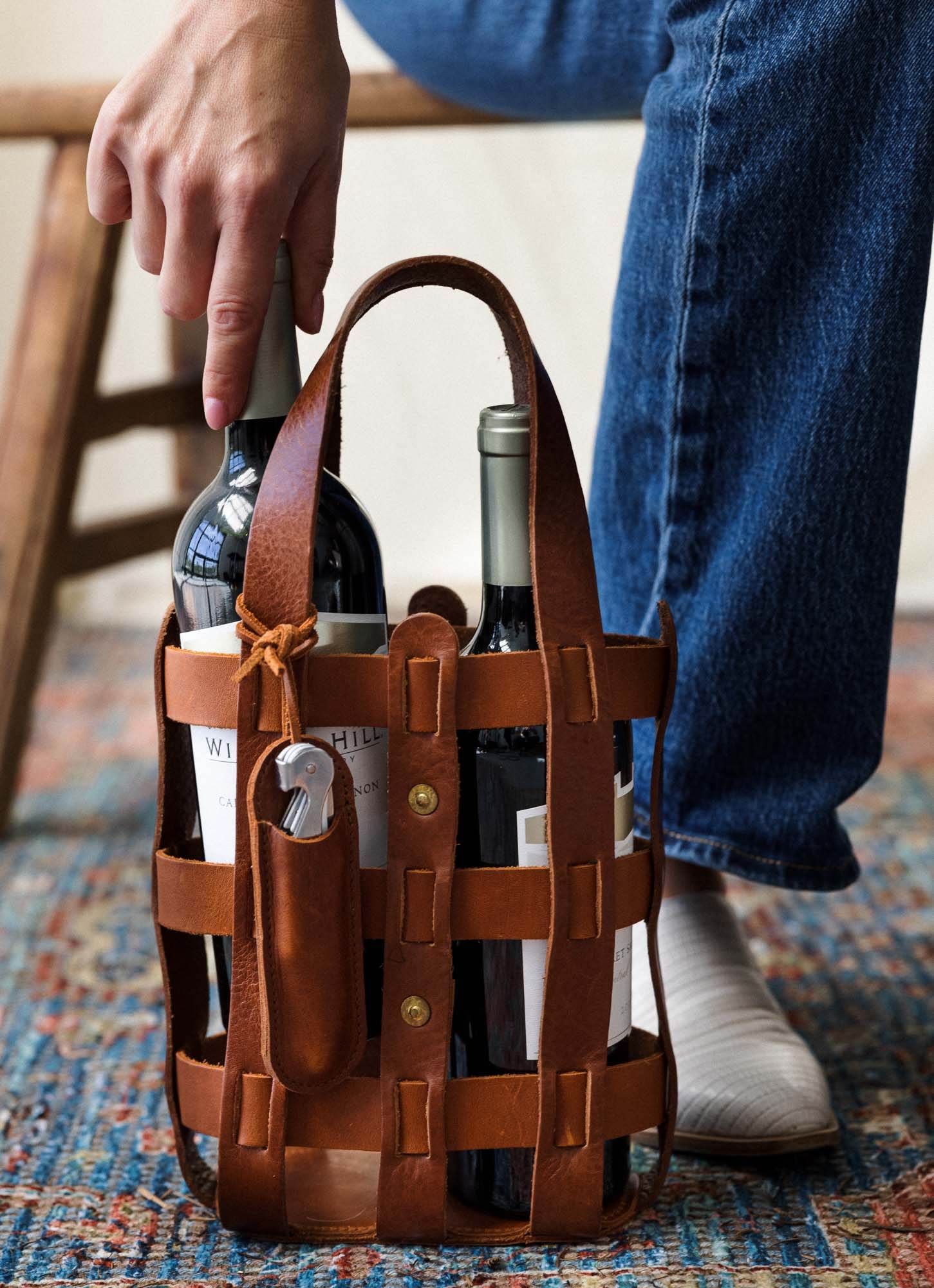 Leather Wine Tote for Two, Tan or Black