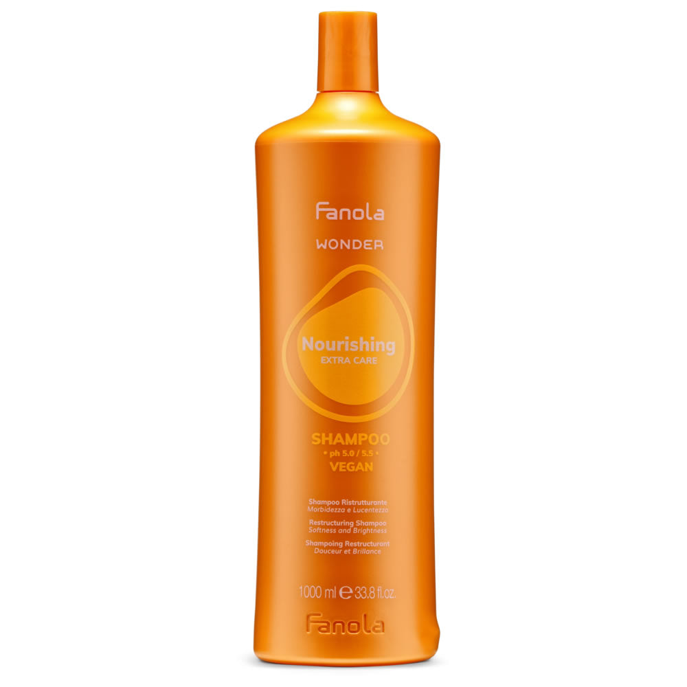 A 33.8oz bottle of Fanola Wonder Nourishing Shampoo for professional hair care.