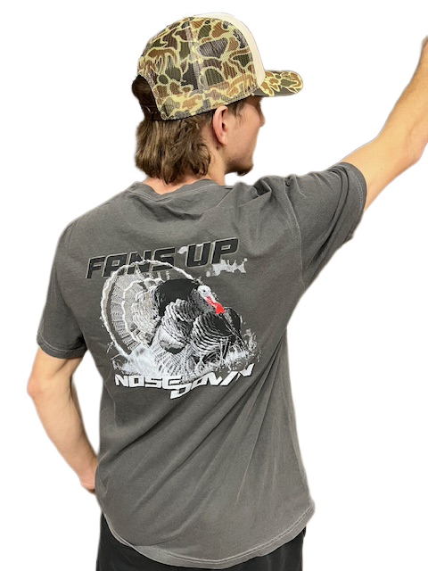 Fans Up Nose Down turkey hunting graphic pocket t-shirt in charcoal grey