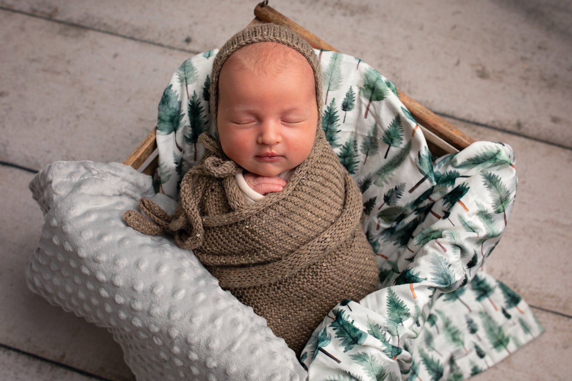 Woodland Whispers Minky Blanket featuring a watercolor pine tree print on one side and grey dimpled minky fabric on the other