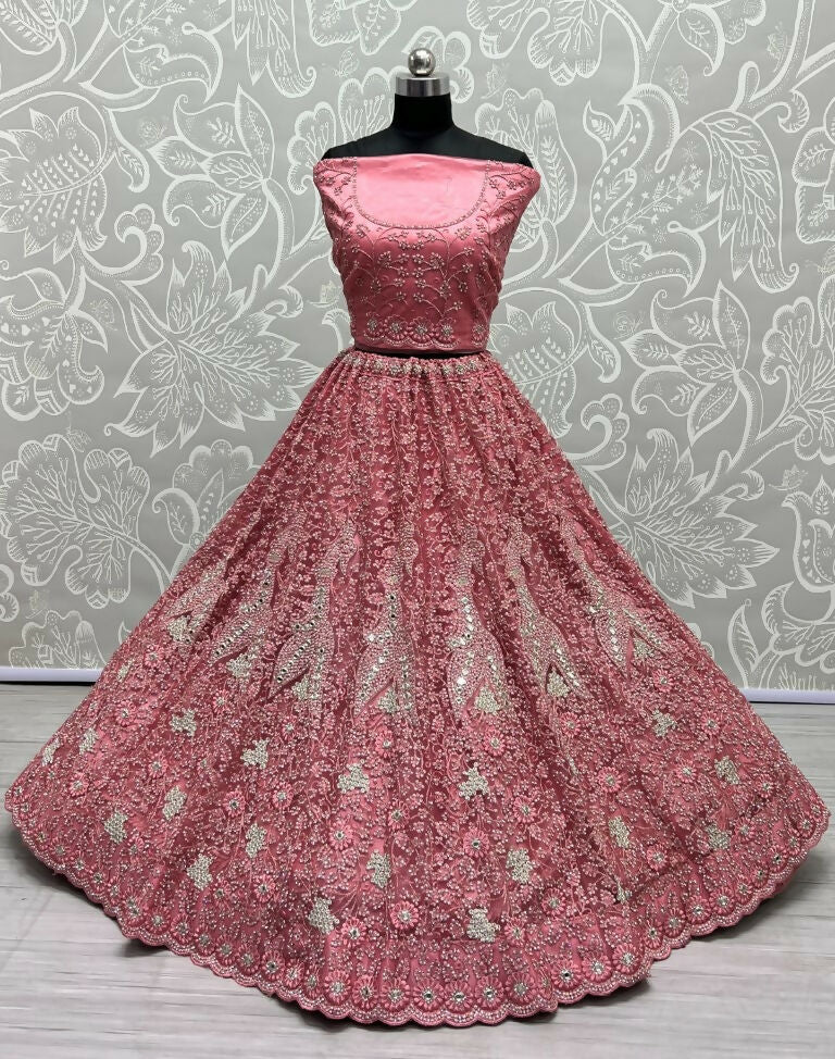 Pink Bridal Net Lehenga Choli with Mirror & Diamond Work