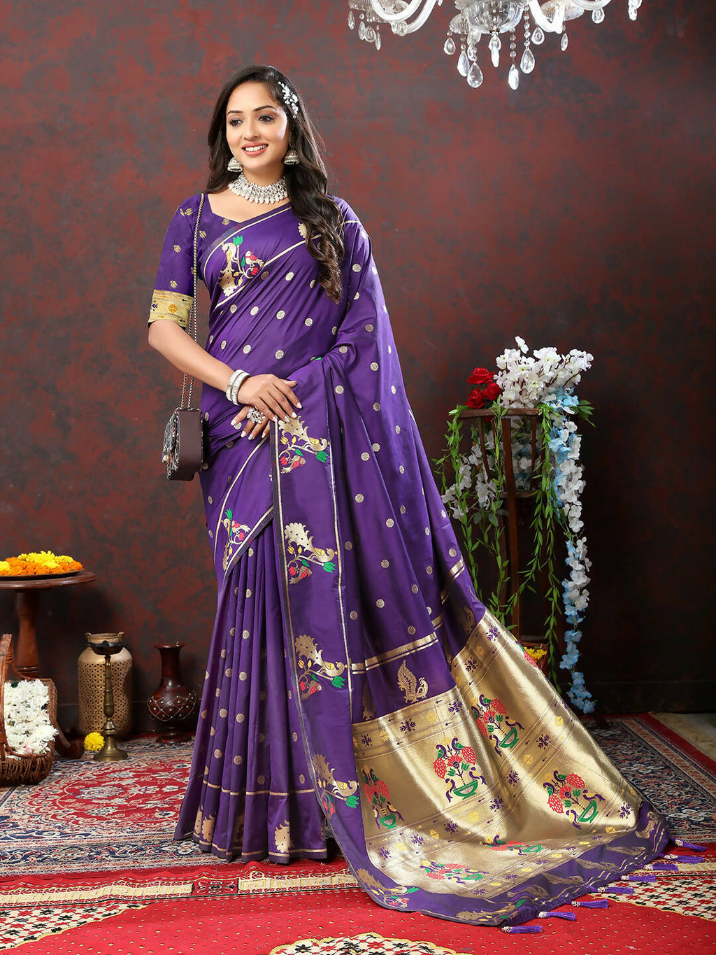 Purple soft Paithani silk saree with gold zari meenakari and silk blouse