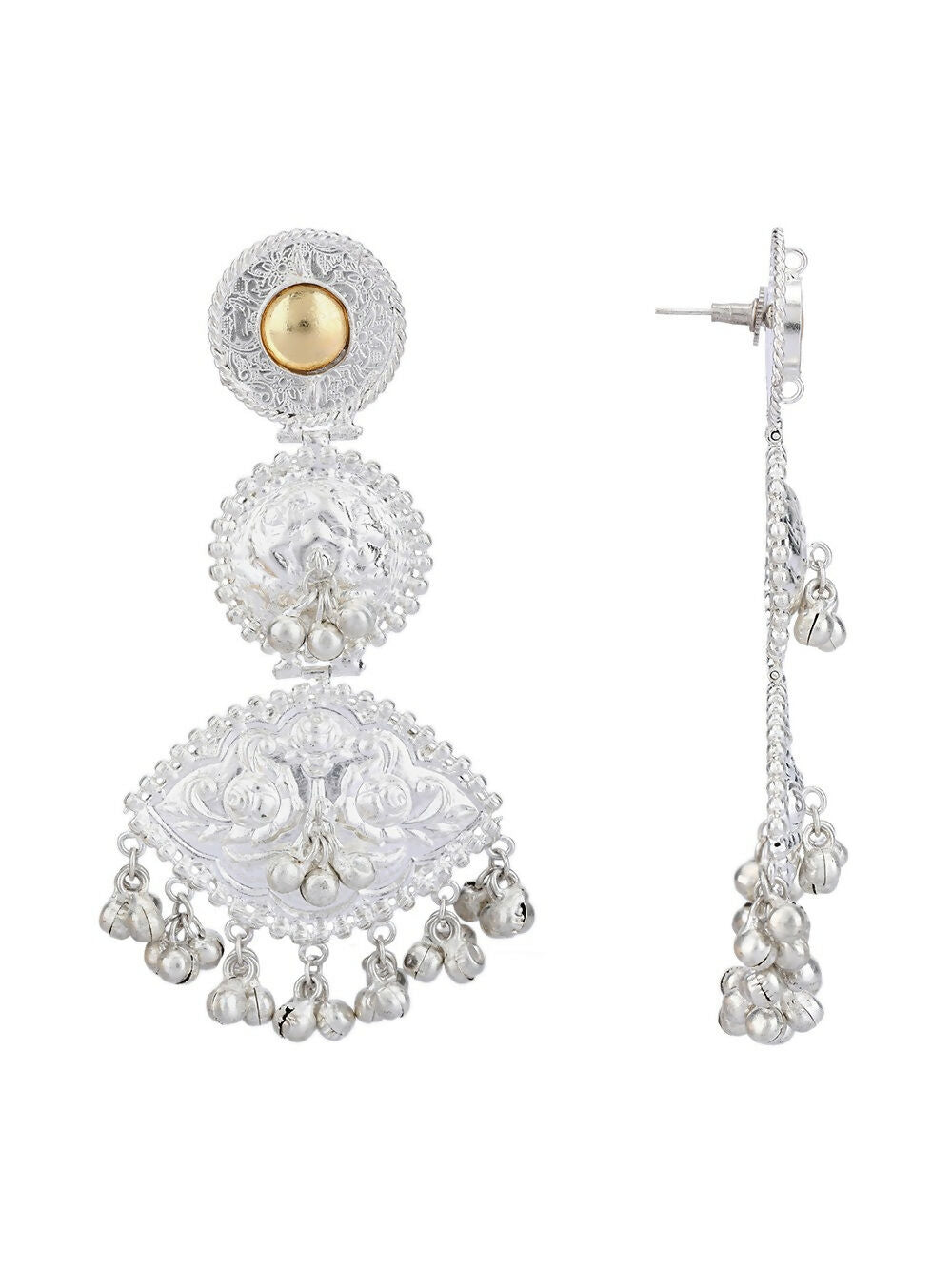 Handcrafted Silver Tone Intricate Pattern Drop Earrings with Stones