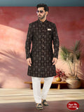 Men's marron velvet Indo-Western kurta featuring all-over intricate thread and sequence embroidery.