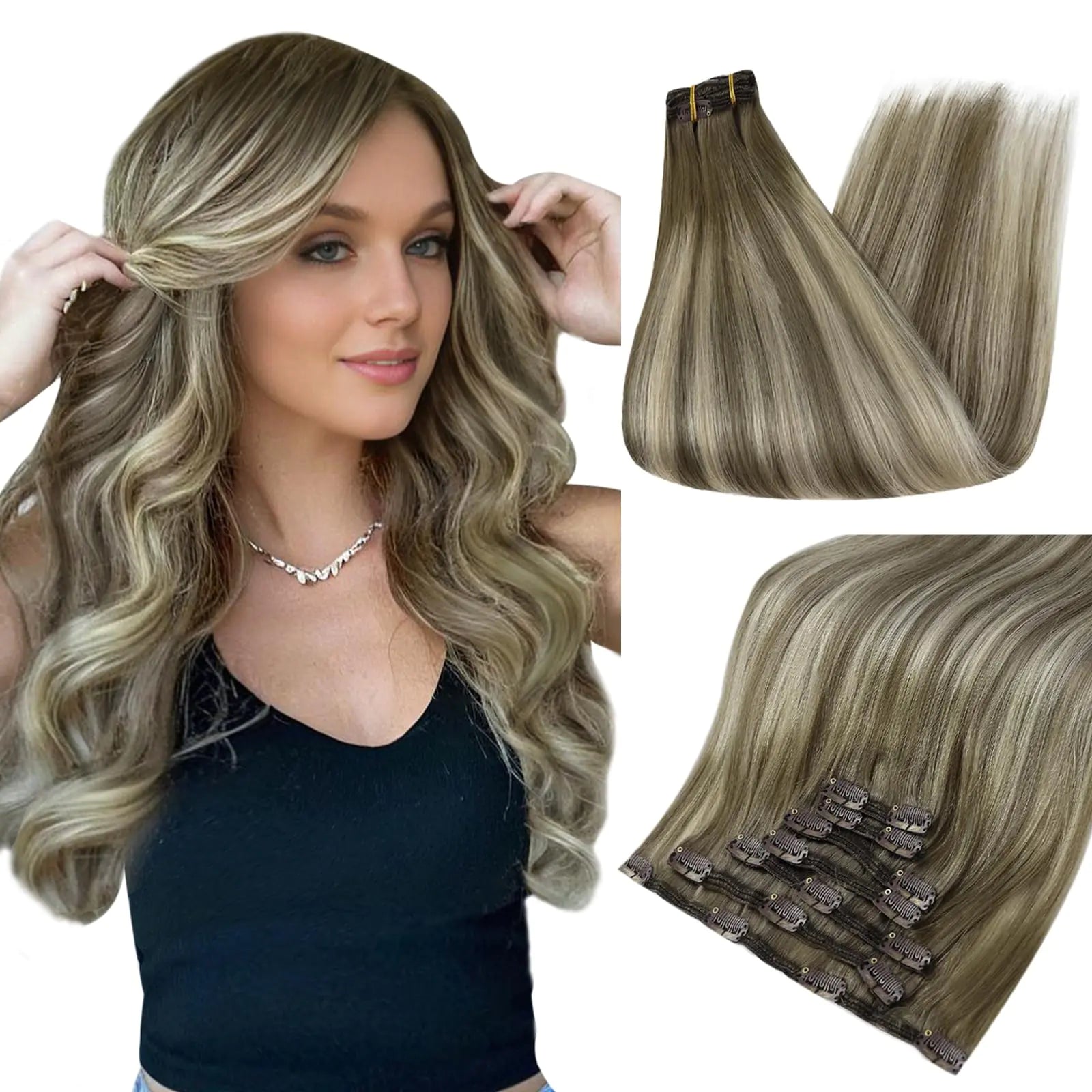 Full Shine Clip in Human Hair Extensions 20 Inch Seamless Clip in Hair Extensions Straight Remy Hair Cool Taupe Ombre Highlight Blonde Damage Free Hair Extensions Clip ins 20 Inch(Pack of 1) #7/800/7 Cool Taupe Mix Blonde