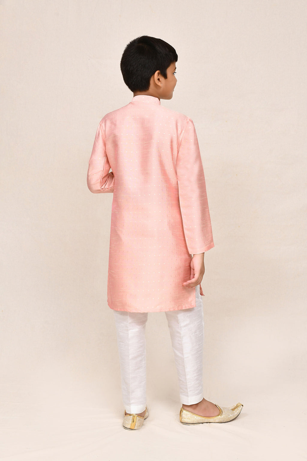 Peach Silk Kurta with White Straight Fit Pants and Shikhli Work