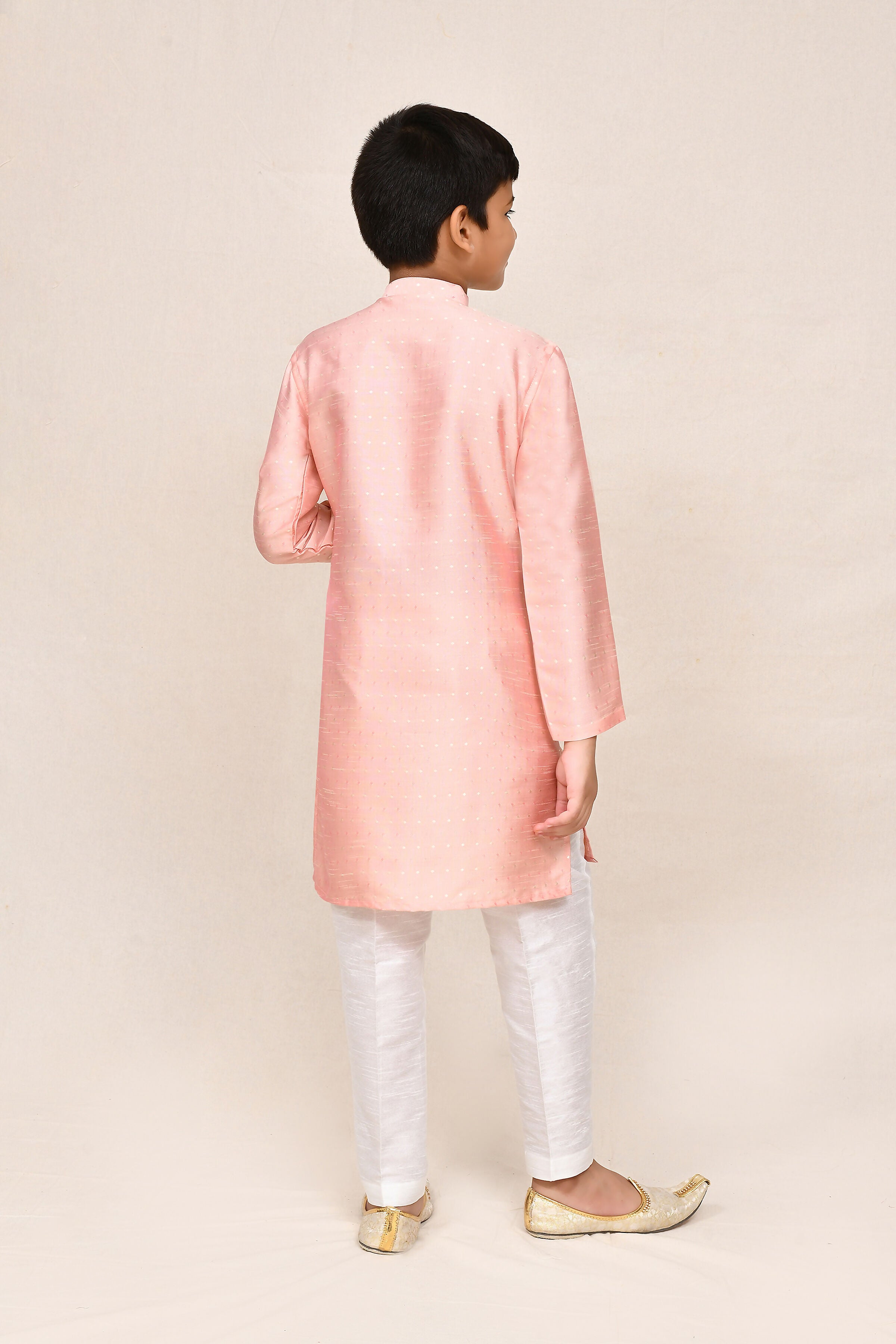 Peach Silk Kurta with White Straight Fit Pants and Shikhli Work
