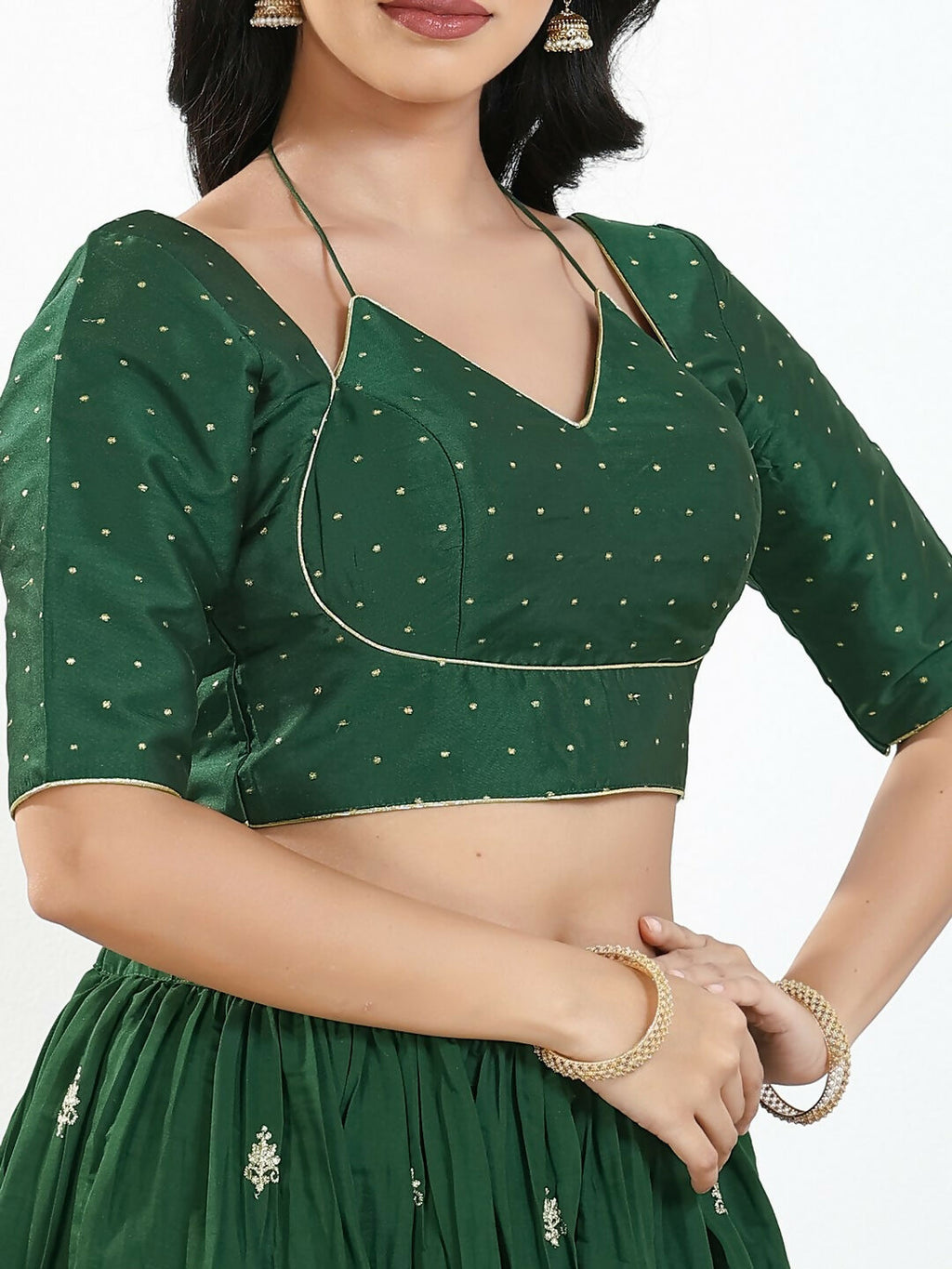 Bottle Green Brocade Padded Blouse with sweetheart neckline and elbow sleeves
