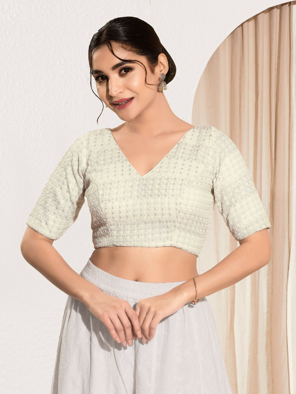 Off White Crochet Padded Blouse with V Neck