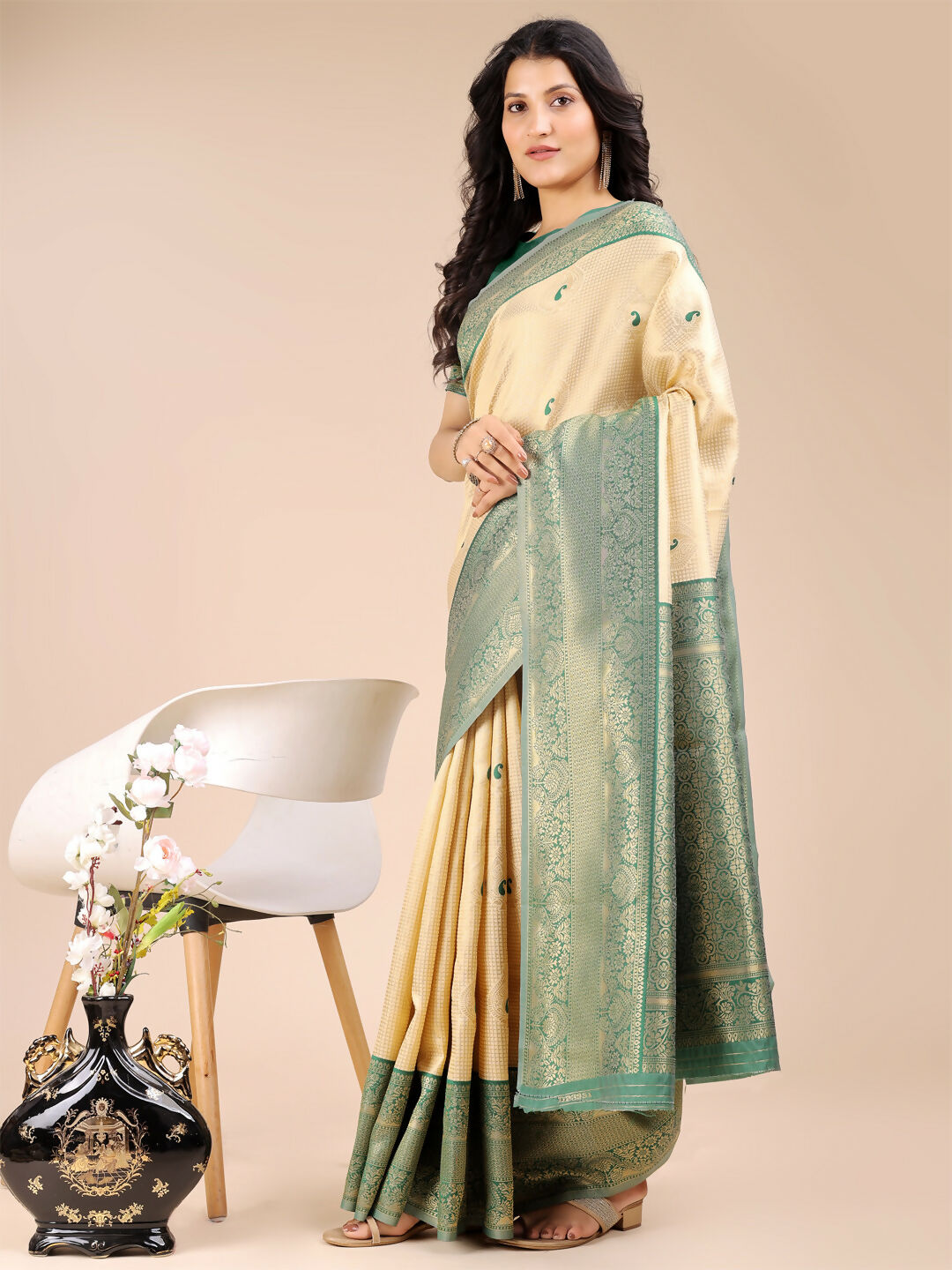 Aura Silk Cream and Green Banarasi Silk Saree