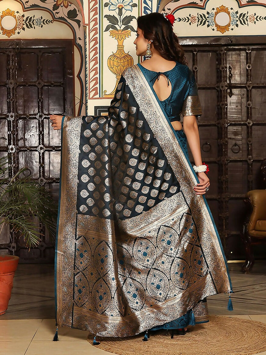 Teal Silk Saree with Matching Teal Silk Blouse