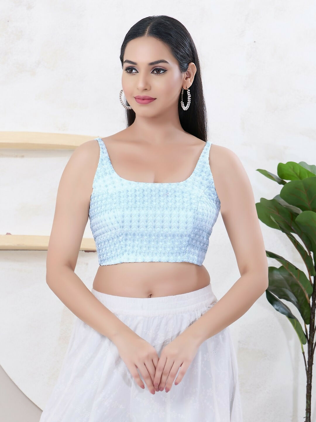 Light-Blue Shifli fabric sleeveless blouse with square neckline and back-open style