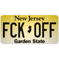 Decorative metal license plate wall art with FCK OFF text in black on a gradient yellow-to-white background.