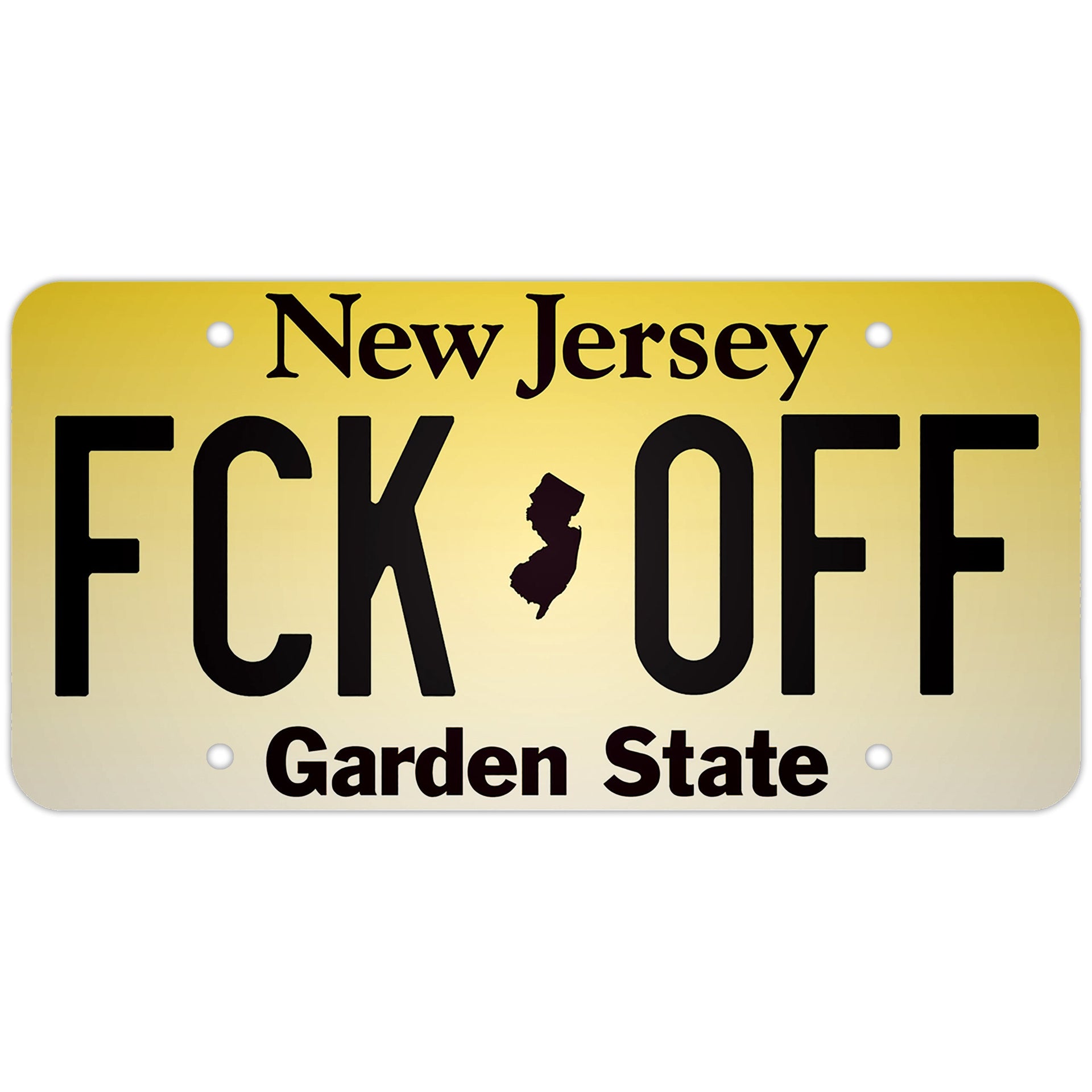 Decorative metal license plate wall art with FCK OFF text in black on a gradient yellow-to-white background.