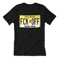 Close up of buff-and-gold license plate graphic print on a comfortable cotton-feel t-shirt