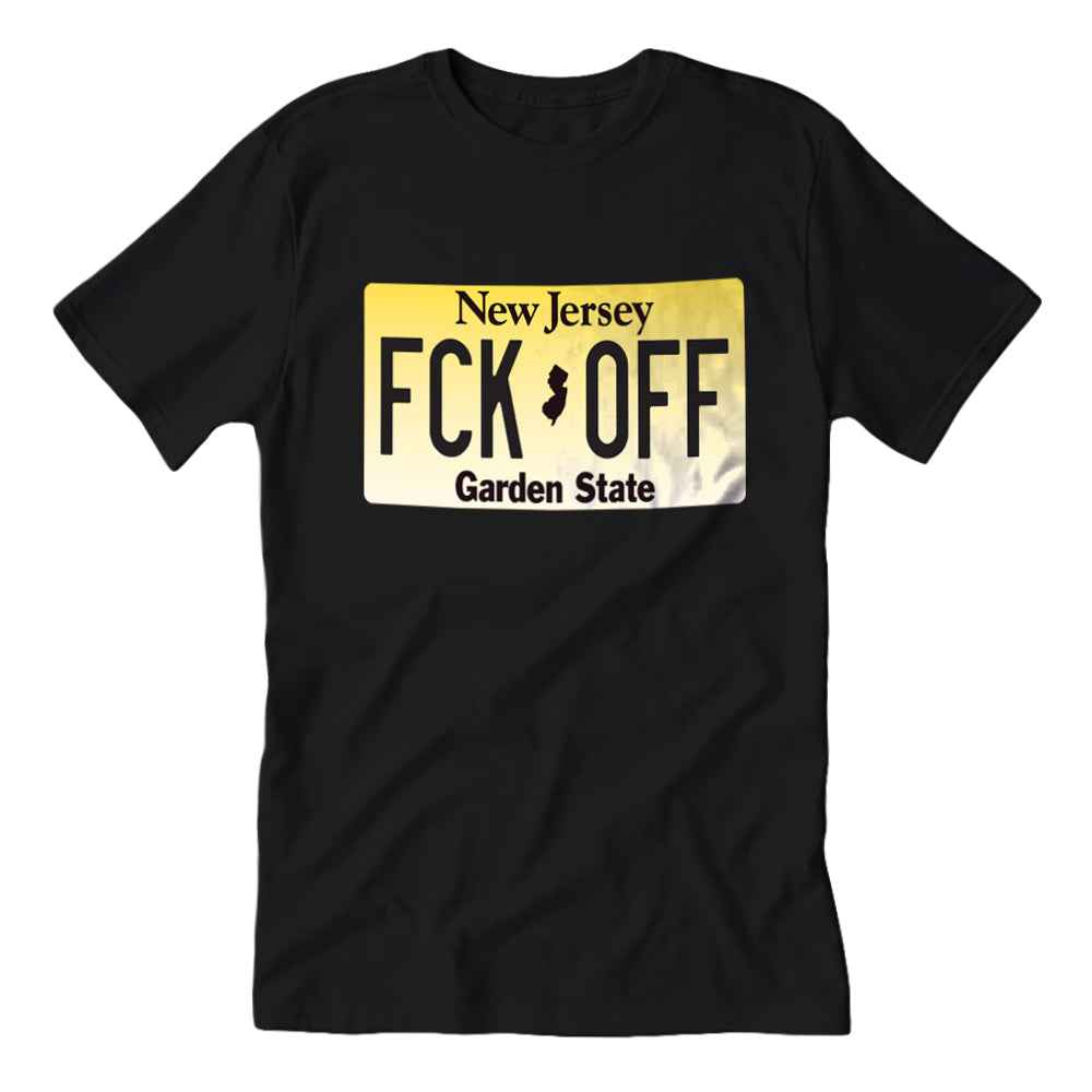 Close up of buff-and-gold license plate graphic print on a comfortable cotton-feel t-shirt