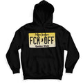 A midweight graphic hoodie featuring an FCK OFF license plate design, displayed on a neutral background.