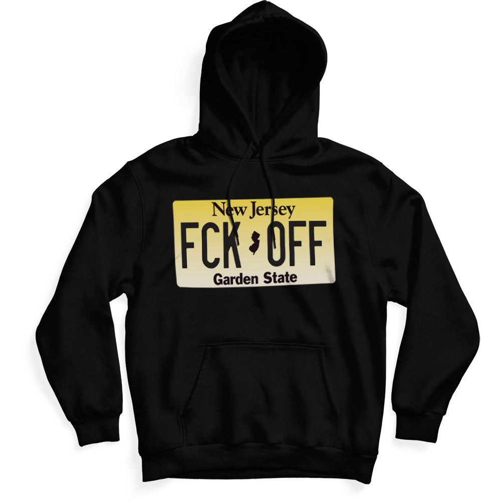 A midweight graphic hoodie featuring an FCK OFF license plate design, displayed on a neutral background.