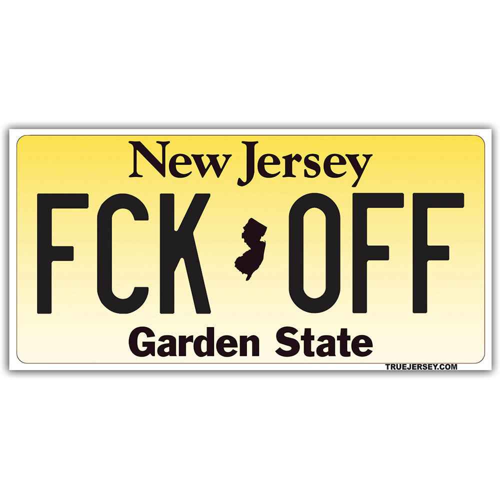 A stylized New Jersey license plate sticker with the text FCK OFF on a car bumper
