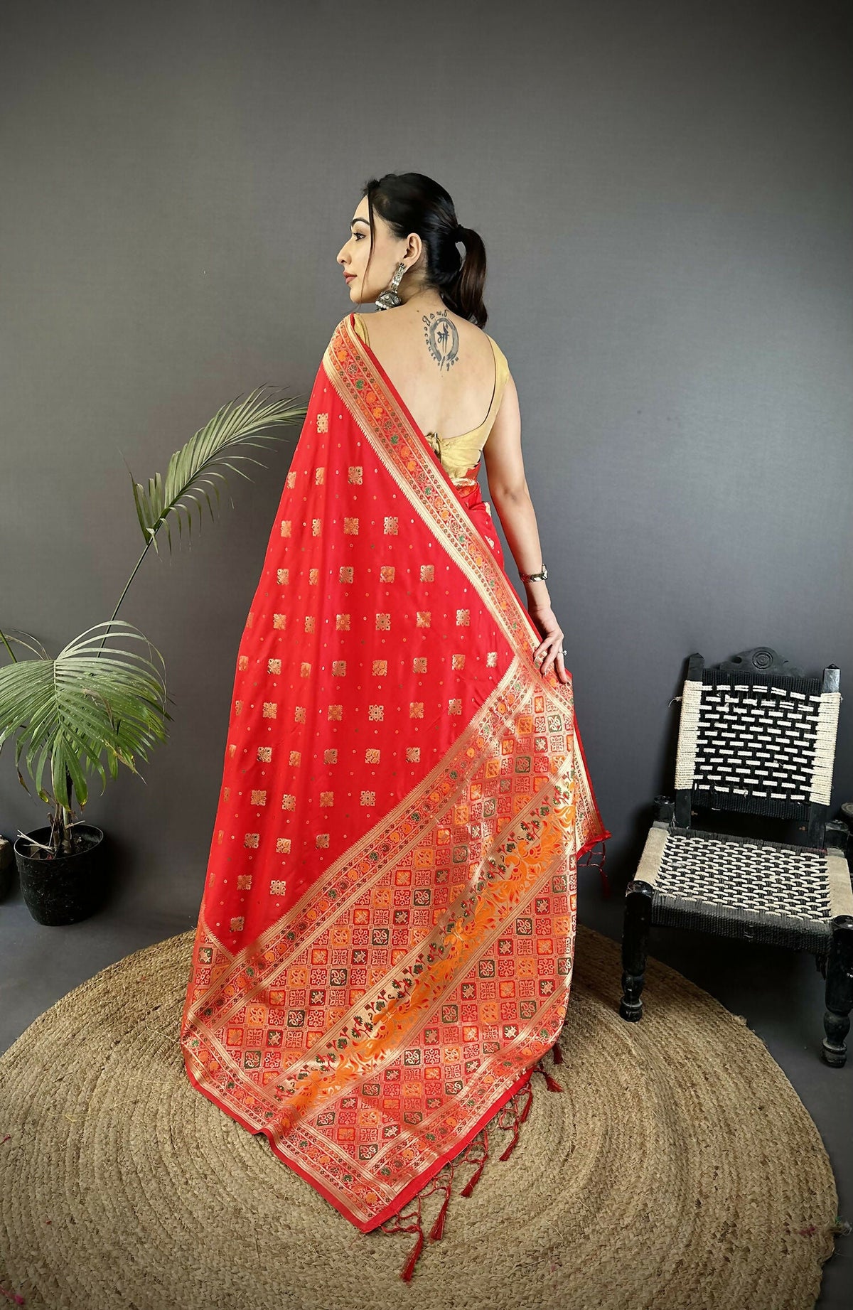 Carmine Red Geometric Pattern Soft Silk Patola Saree