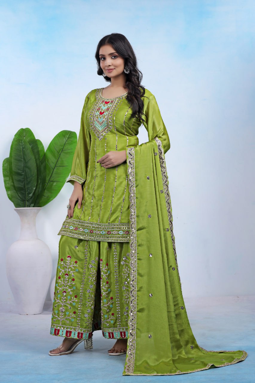Prazu Fashion Parrot Green Chinon Silk Sequin Embroidered Sharara Suit
