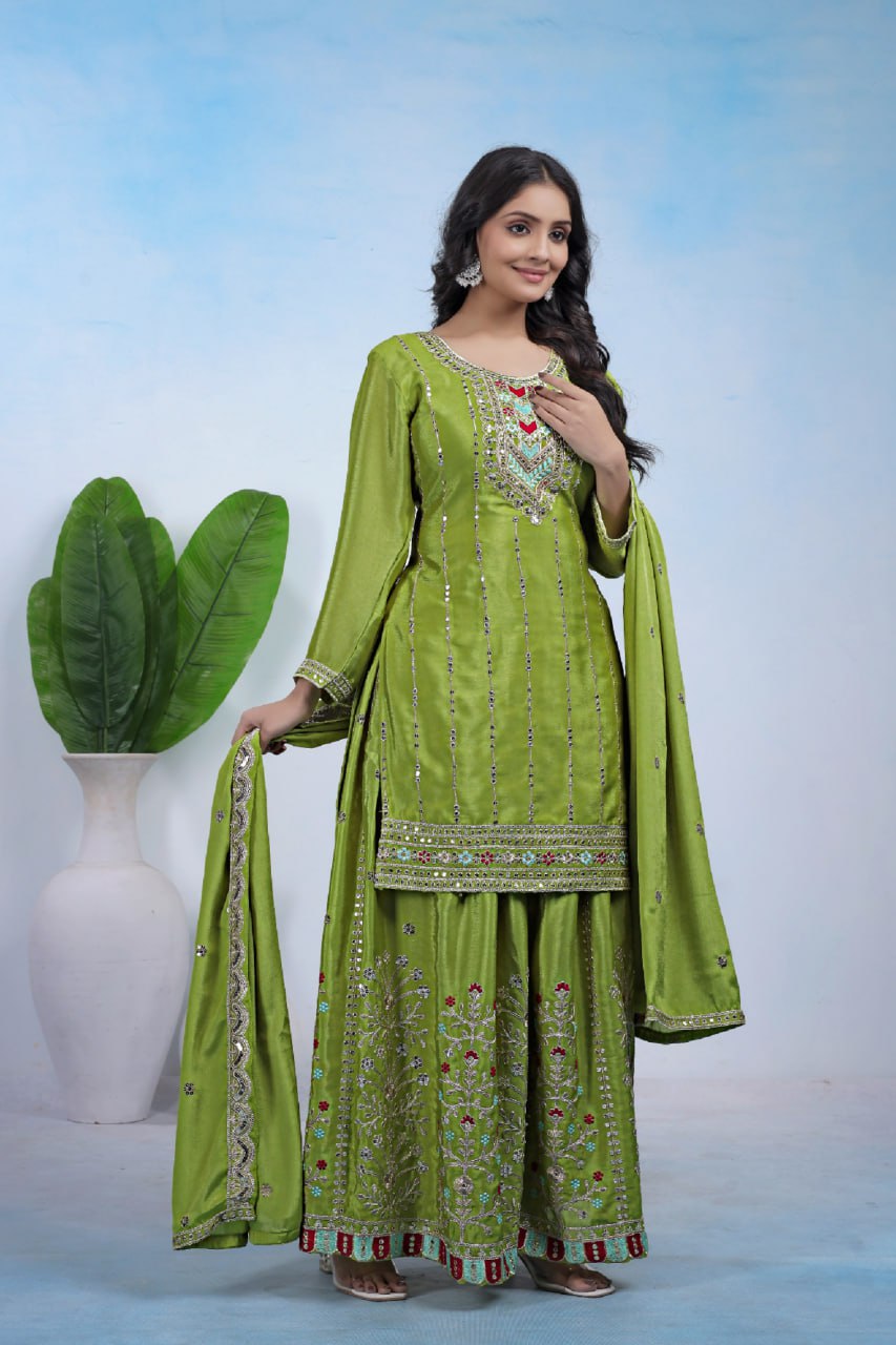 Prazu Fashion Parrot Green Chinon Silk Sequin Embroidered Sharara Suit
