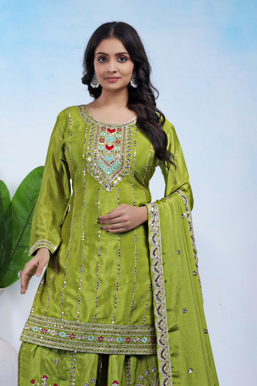 Prazu Fashion Parrot Green Chinon Silk Sequin Embroidered Sharara Suit