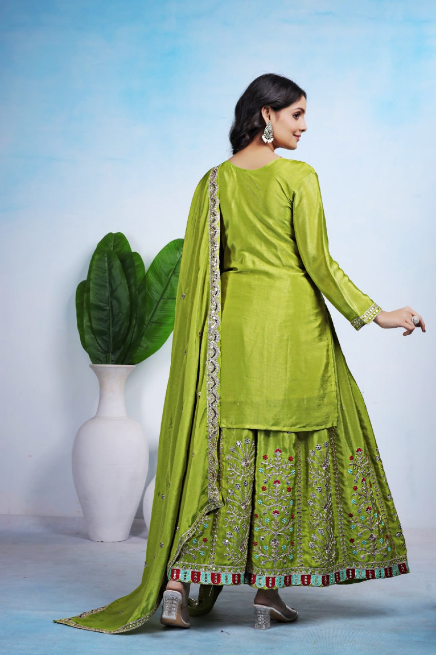 Prazu Fashion Parrot Green Chinon Silk Sequin Embroidered Sharara Suit