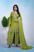 Prazu Fashion Parrot Green Chinon Silk Sequin Embroidered Sharara Suit