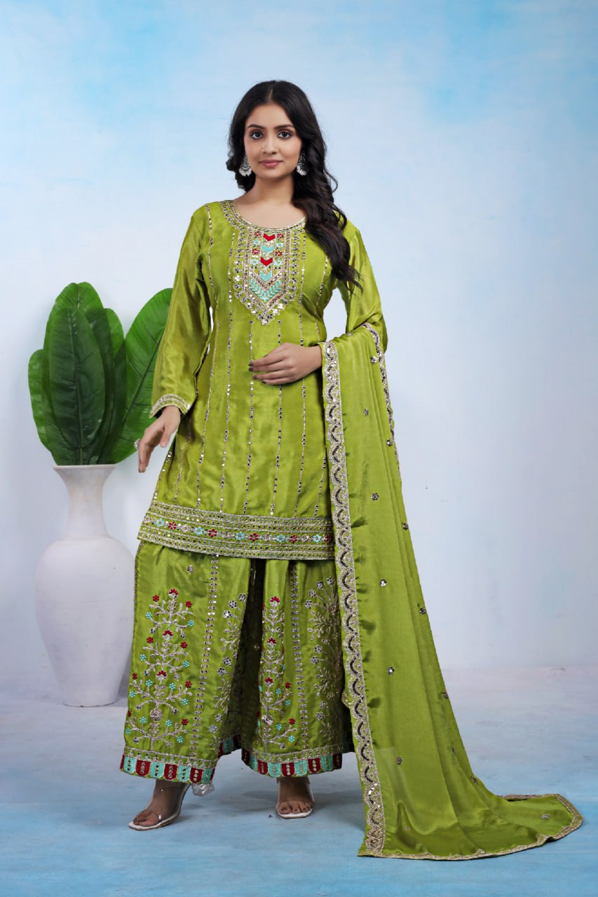 Prazu Fashion Parrot Green Chinon Silk Sequin Embroidered Sharara Suit