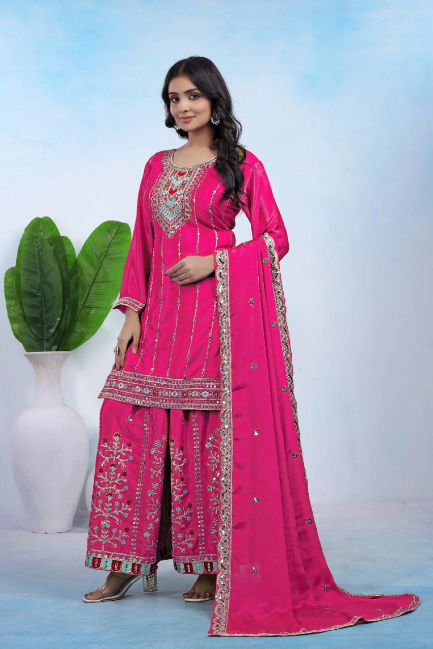 Prazu Fashion Pink Chinon Silk Sequin Embroidered Sharara Suit