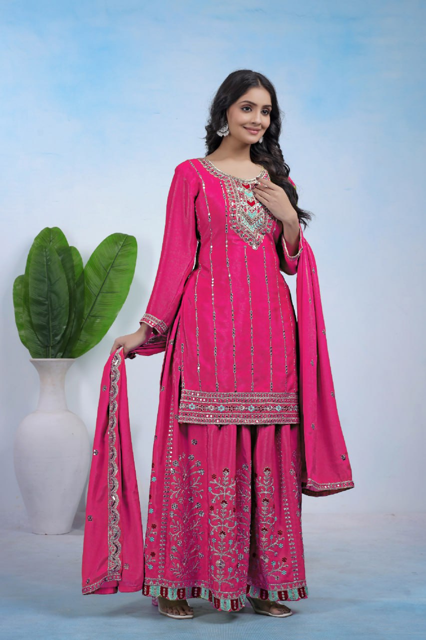 Prazu Fashion Pink Chinon Silk Sequin Embroidered Sharara Suit