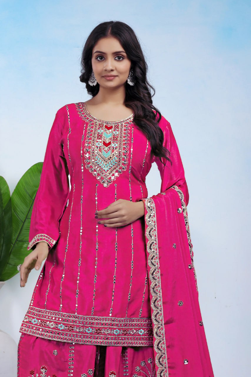 Prazu Fashion Pink Chinon Silk Sequin Embroidered Sharara Suit