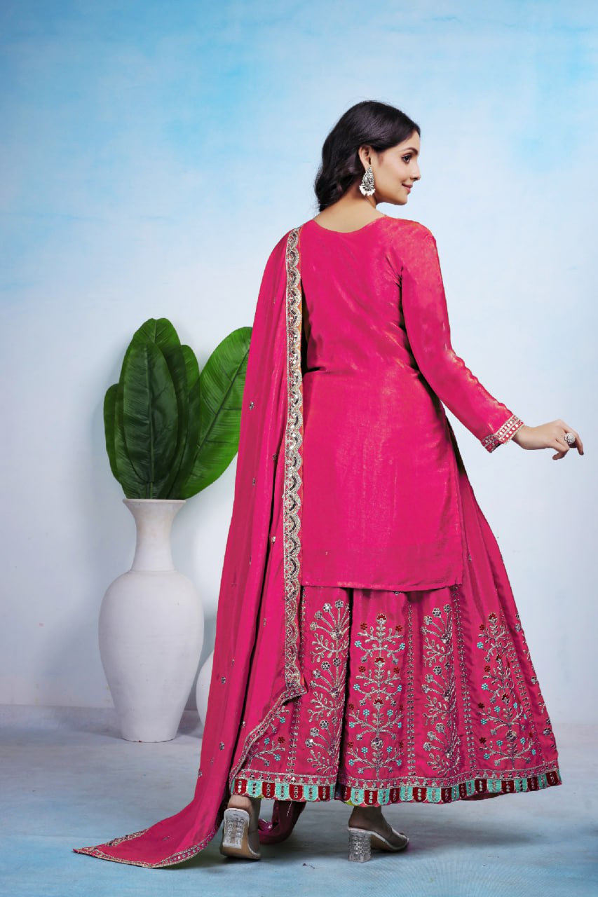 Prazu Fashion Pink Chinon Silk Sequin Embroidered Sharara Suit