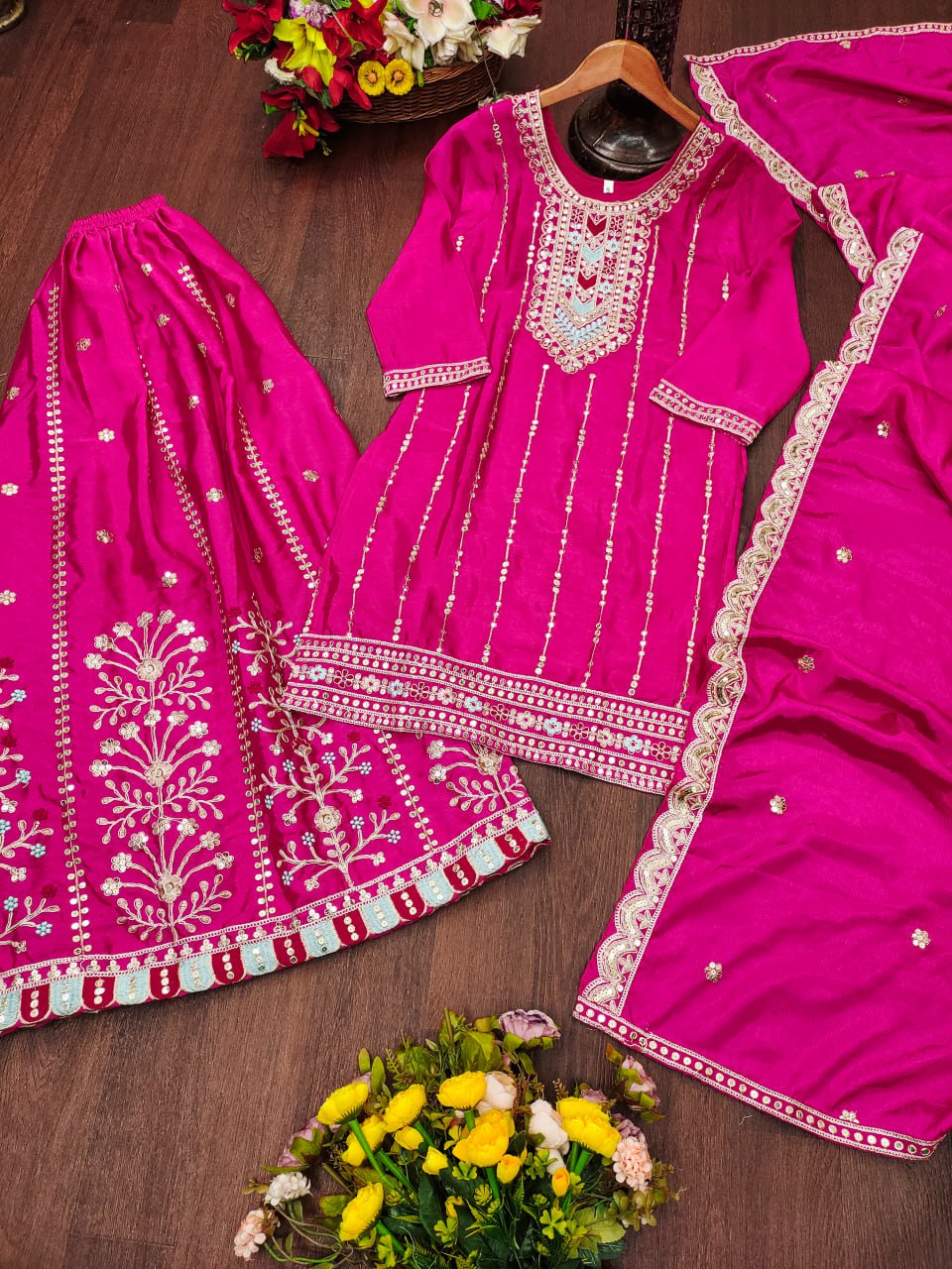 Prazu Fashion Pink Chinon Silk Sequin Embroidered Sharara Suit