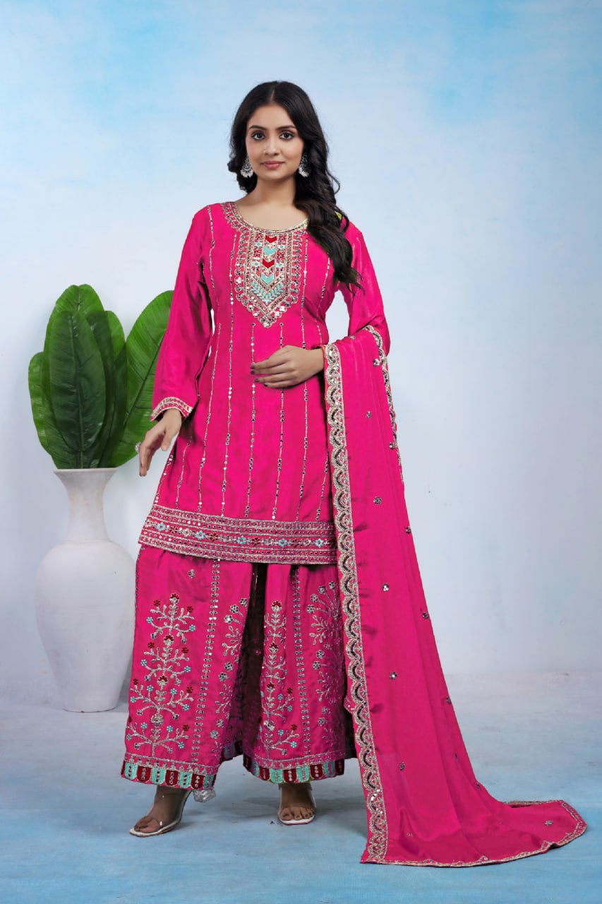 Prazu Fashion Pink Chinon Silk Sequin Embroidered Sharara Suit