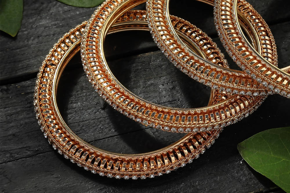 Golden Bangle Set with White Stones and AD Details