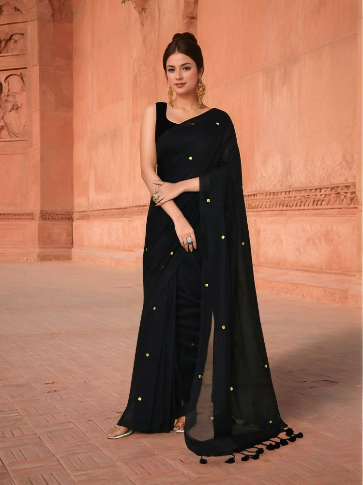 Classic black cotton saree for women, featuring a versatile look for ethnic occasions.